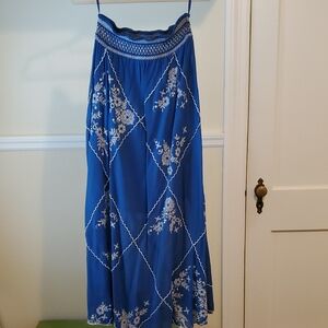 Anthropologie X Meadow Rue Women's Ping Blue Embroidered Maxi Skirt Boho Peasant